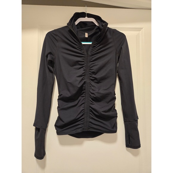 FP Movement Tops - FP Movement Free People Ruched Zip Up Jacket Black Thumbhole Watch Cutout Small
